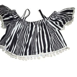 Bonnie Jean Girls Off The Shoulder Crop Top Black White Stripe Size M Tassels